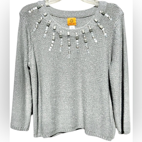 RUBY RD Silver Metallic Sweater Sz XL Sparkle Crochet Knit Beads Sequins EUC - Picture 1 of 6